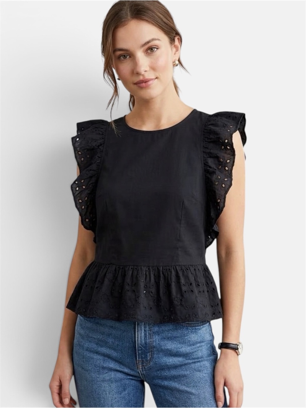 Who What Wear Black Eyelet Ruffle Blouse